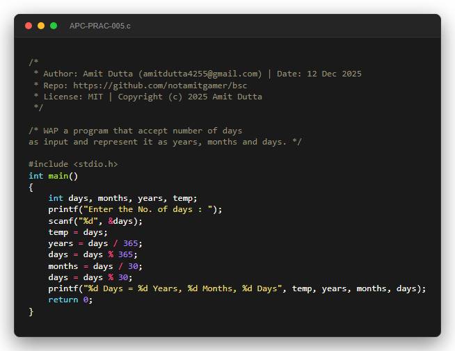 WAP a program that accept number of days as input and represent it as years, months and days.
